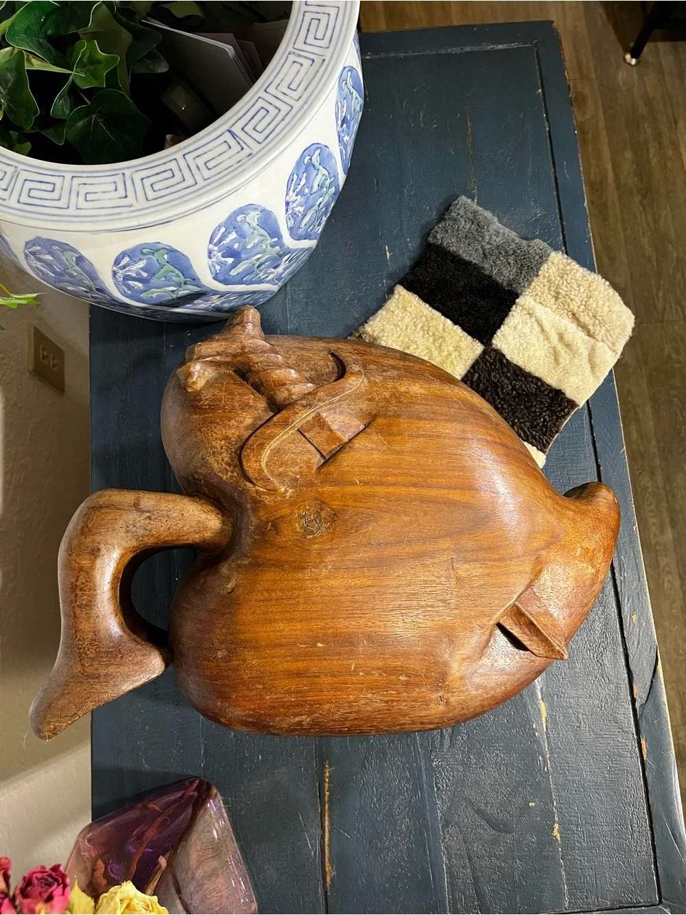 Vintage Hand-Carved Wooden Apple 🍎 Bowl with Sword 🗡️